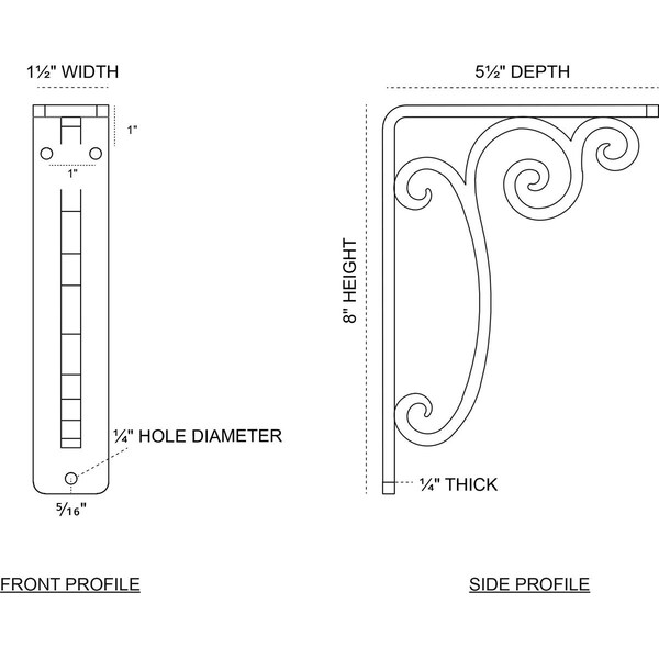 Avery Wrought Iron Bracket, (Single Center Brace), Antiqued Pewter 1 1/2W X 5 1/2D X 8H